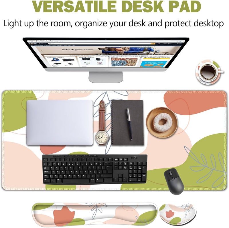 AIMSA Keyboard & Mouse Pad Set, Extended Desk Mat + Ergonomic Mouse & Keyboard Wrist Rest Support, 35x15.7in Abstract Green Pink Art - Image 2